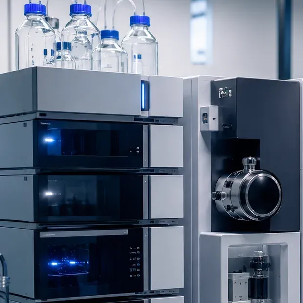 A modular liquid chromatograph on a bench: solvent bottles on top feeding a stack of four units, with the housing of a second instrument beside it.