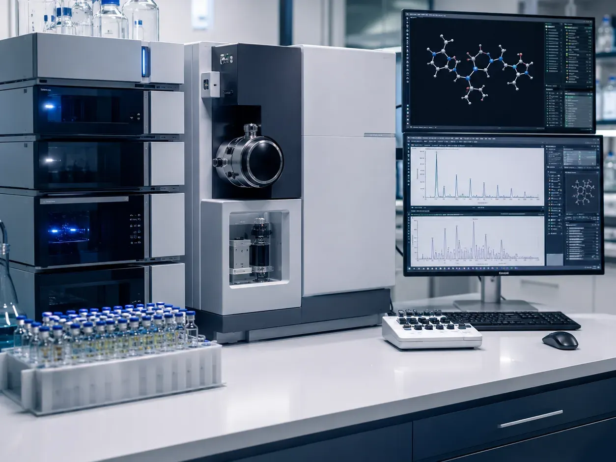 A liquid chromatograph coupled to a mass spectrometer, with two monitors showing a molecular structure and mass spectra.