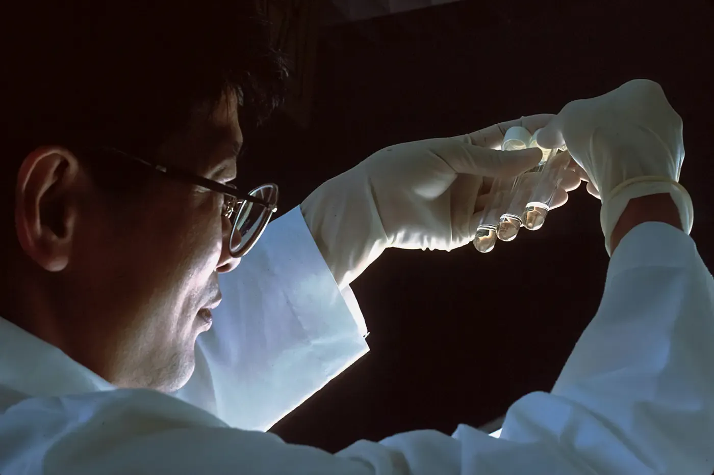 An analyst holding three sealed tubes up to the light to read them.